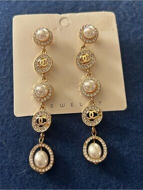 Gold-Tone Pearl Drop Earrings - Long Dangle Women Jewelry, NEW